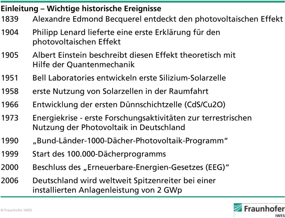 1966 Entwicklung der ersten Dünnschichtzelle (CdS/Cu2O) 1973 Energiekrise - erste Forschungsaktivitäten zur terrestrischen Nutzung der Photovoltaik in Deutschland 1990