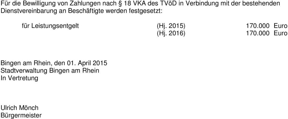 Leistungsentgelt (Hj. 2015) 170.000 Euro 170.000 Euro Bingen am Rhein, den 01.