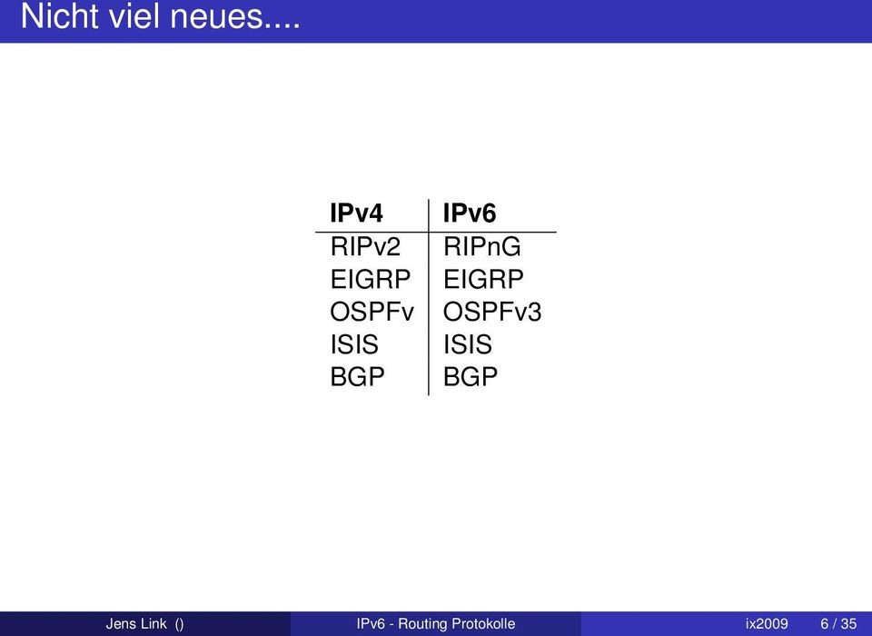 IPv6 RIPnG EIGRP OSPFv3 ISIS BGP