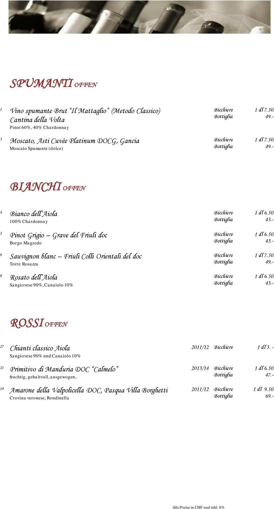 50 olgiati BIANCHI OFFEN 4 Bianco dell Aiola 100% Chardonnay 5 Pinot Grigio Grave del Friuli doc Borgo Magredo 6 Sauvignon blanc Friuli Colli Orientali del doc Torre Rosazza 8 Rosato dell Aiola