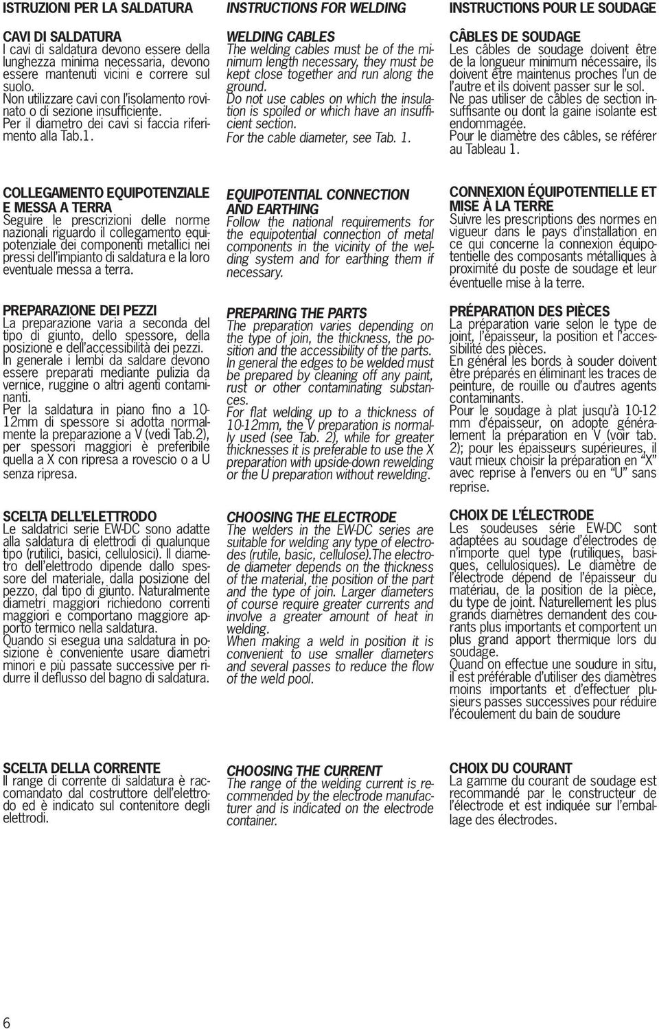 INSTRUCTIONS FOR WELDING WELDING CABLES The welding cables must be of the minimum length necessary, they must be kept close together and run along the ground.