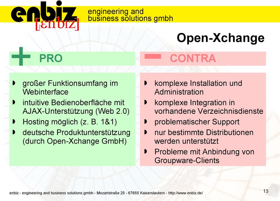 1&1) deutsche Produktunterstützung (durch Open-change GmbH) CONTRA komplexe Installation und Administration komplexe