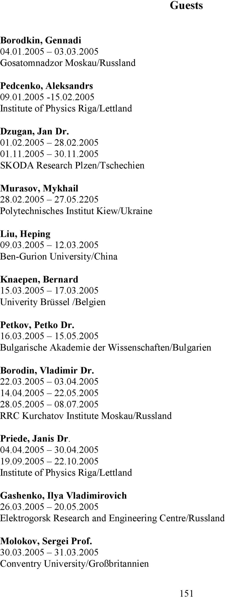03.2005 17.03.2005 Univerity Brüssel /Belgien Petkov, Petko Dr. 16.03.2005 15.05.2005 Bulgarische Akademie der Wissenschaften/Bulgarien Borodin, Vladimir Dr. 22.03.2005 03.04.2005 14.04.2005 22.05.2005 28.