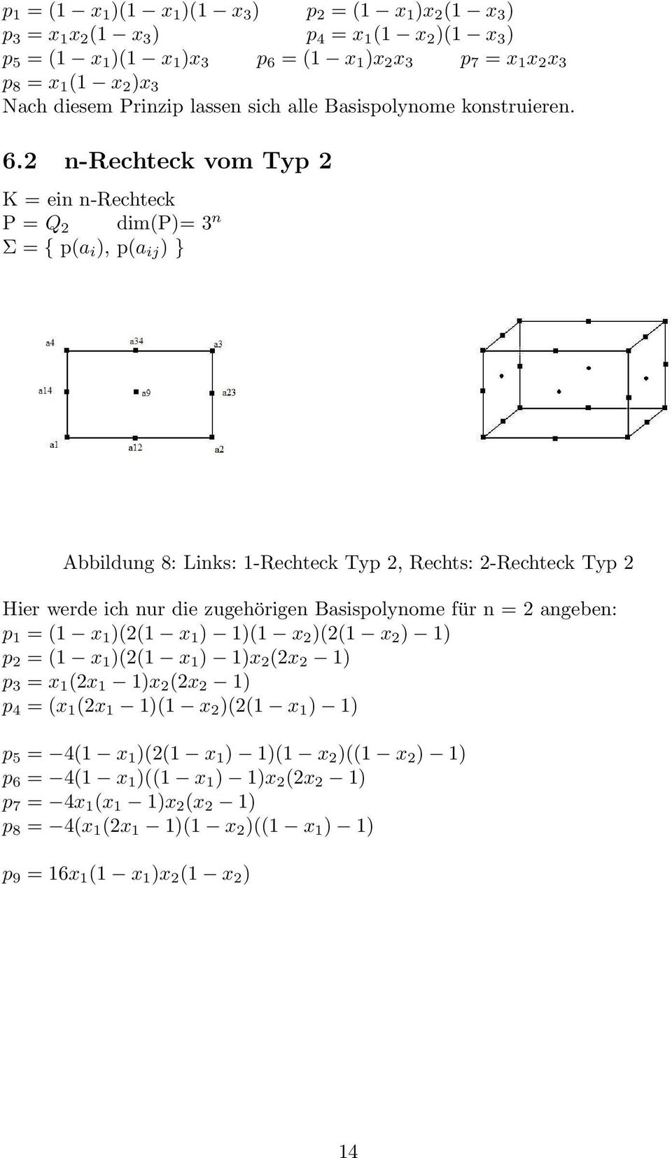2 n-rechteck vom Typ 2 K = ein n-rechteck P = Q 2 dim(p)= 3 n Σ = { p(a i ), p(a ij ) } Abbildung 8: Links: 1-Rechteck Typ 2, Rechts: 2-Rechteck Typ 2 Hier werde ich nur die zugehörigen Basispolynome