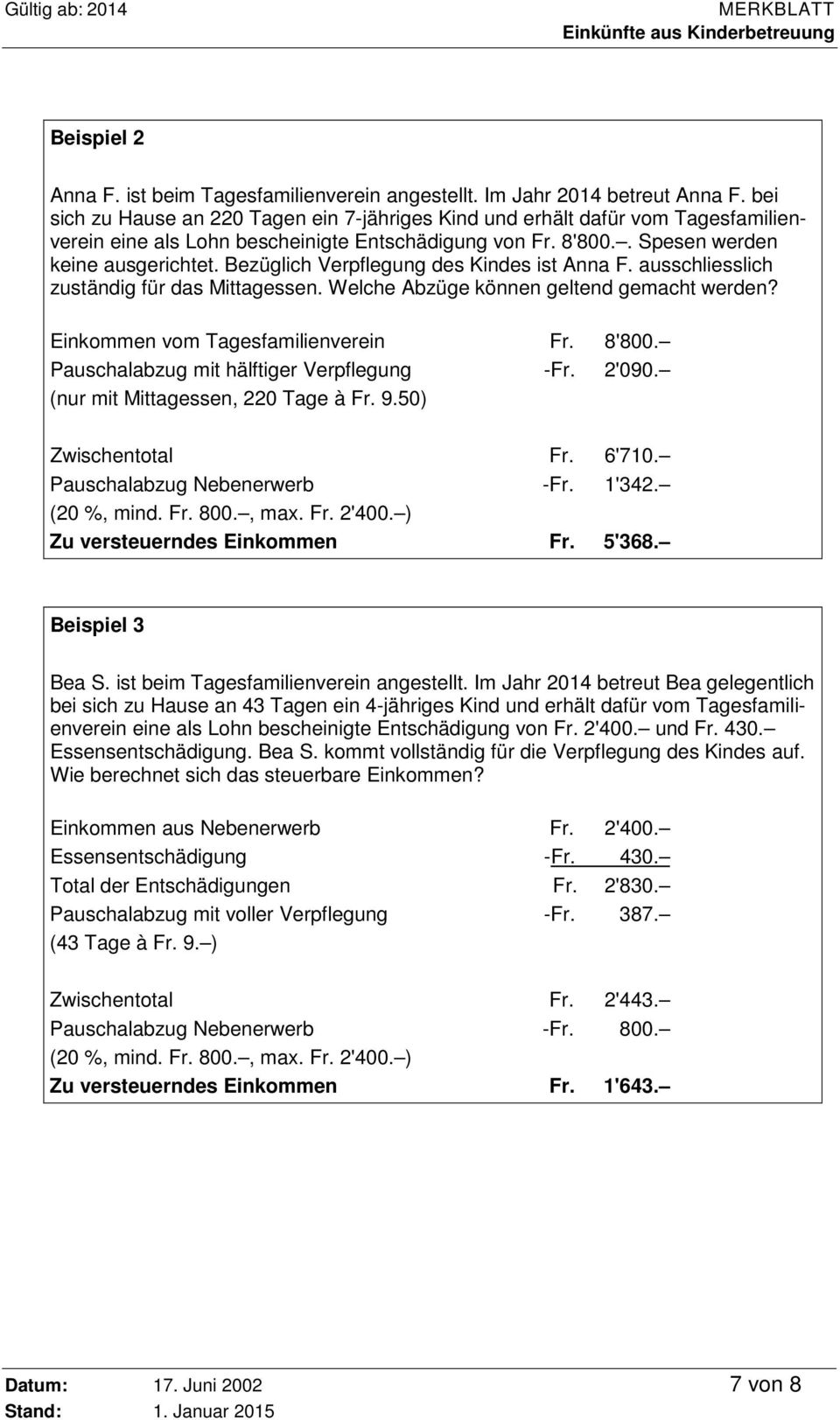 Bezüglich Verpflegung des Kindes ist Anna F. ausschliesslich zuständig für das Mittagessen. Welche Abzüge können geltend gemacht werden? Einkommen vom Tagesfamilienverein Fr. 8'800.