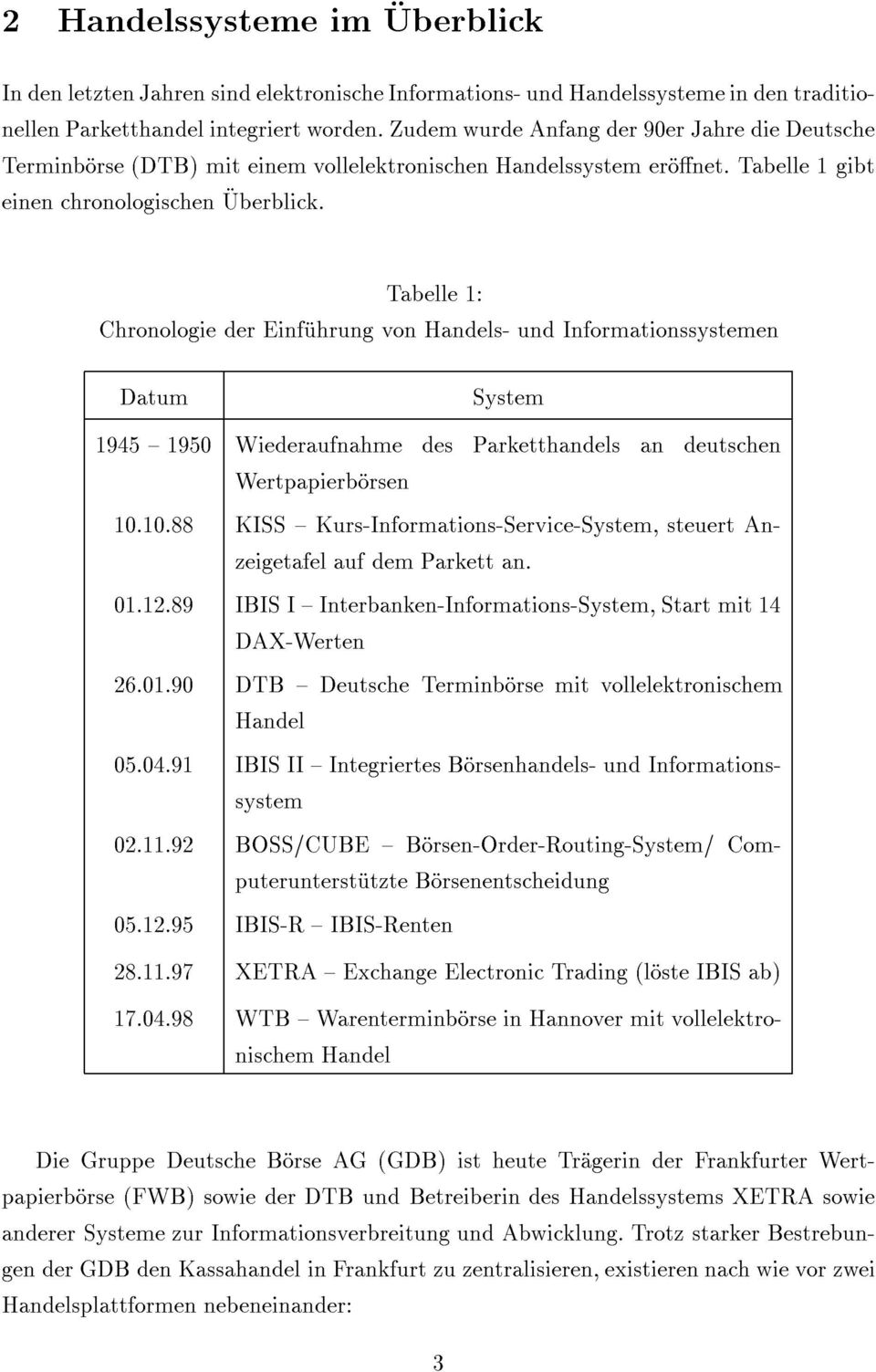Tabelle 1: Chronologie der Einfuhrung von Handels- und Informationssystemen Datum System 1945 { 1950 Wiederaufnahme des Parketthandels an deutschen Wertpapierborsen 10.