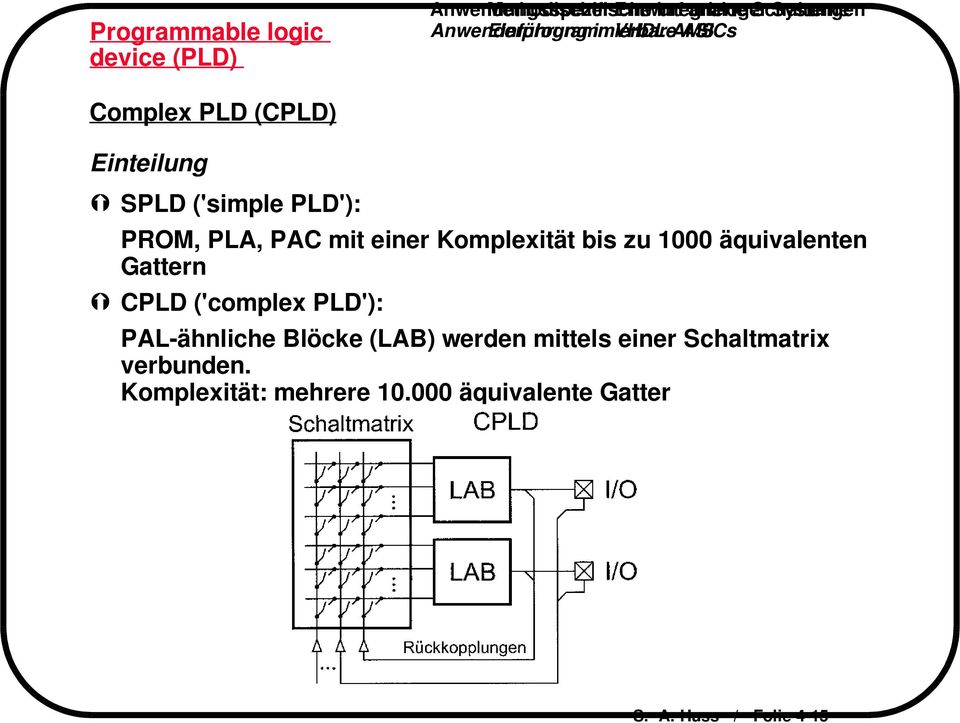 CPLD ('complex PLD'): PAL-ähnliche Blöcke (LAB) werden mittels einer