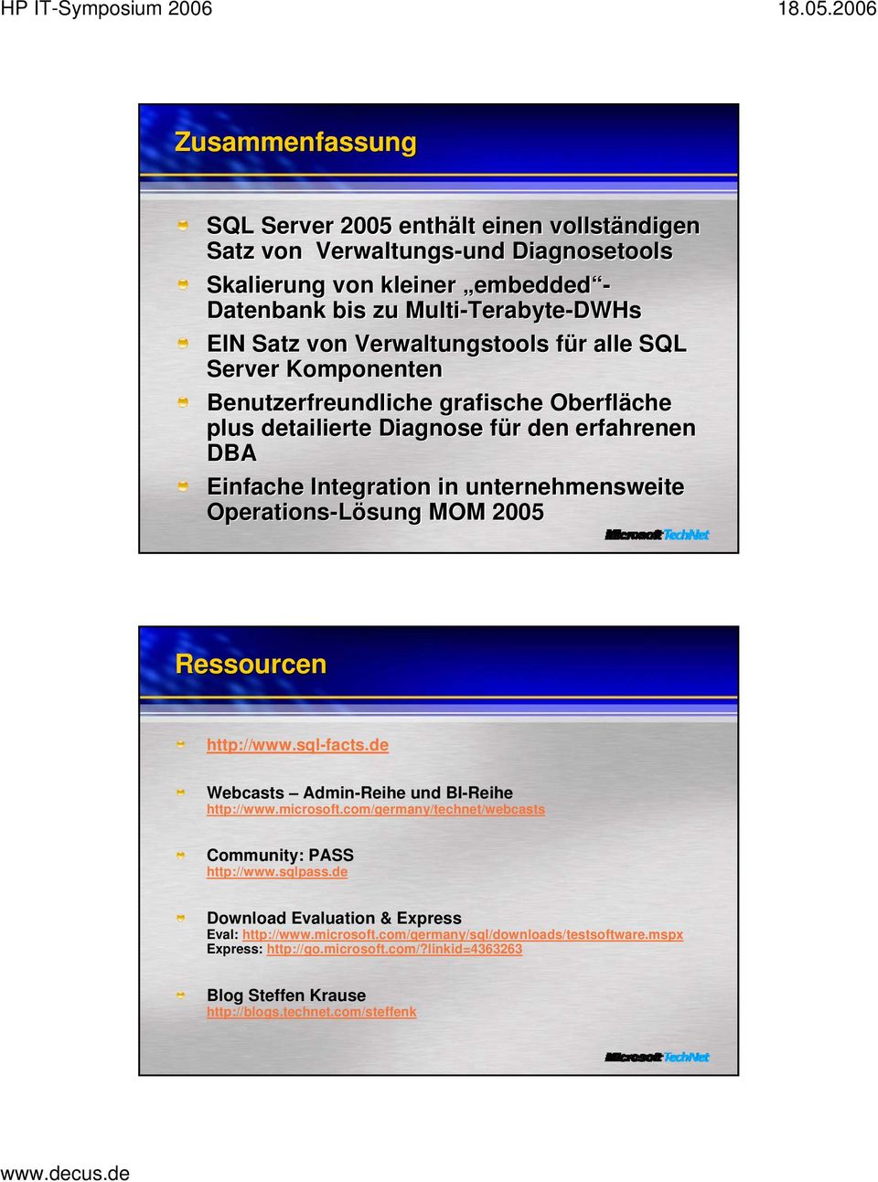 Operations-Lösung sung MOM 2005 Ressourcen http://www.sql-facts.de Webcasts Admin-Reihe und BI-Reihe http://www.microsoft.com/germany/technet/webcasts Community: PASS http://www.sqlpass.