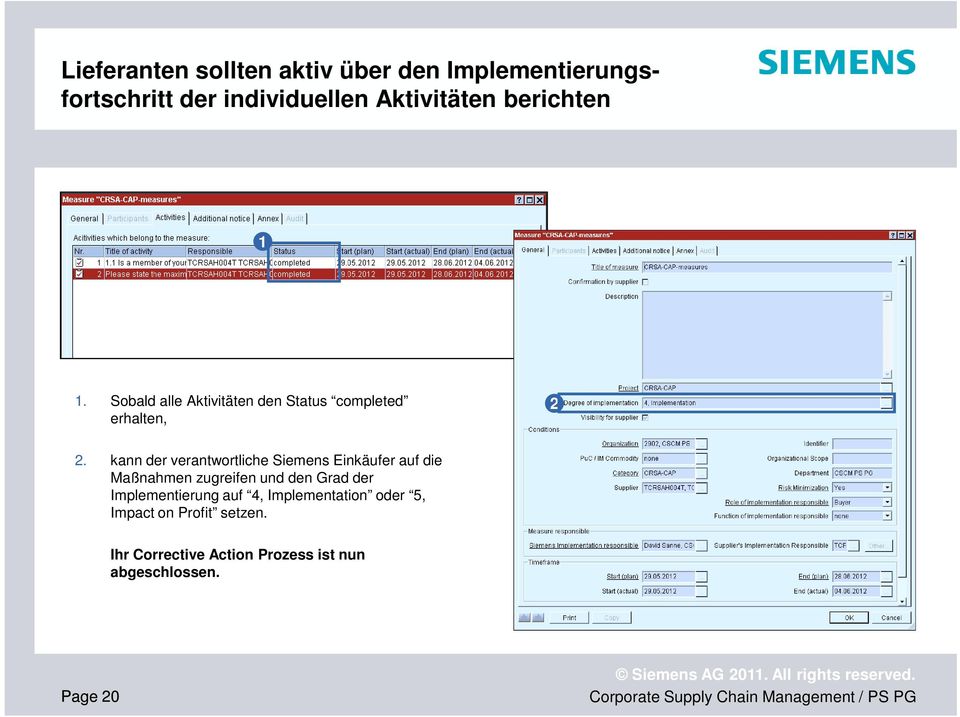 kann der verantwortliche Siemens Einkäufer auf die Maßnahmen zugreifen und den Grad der