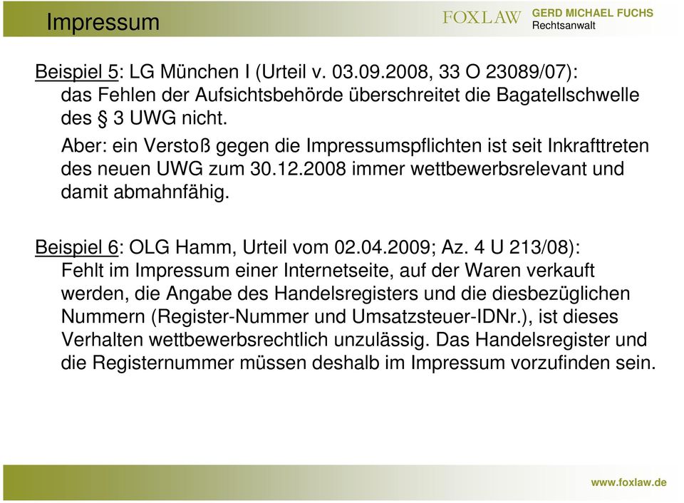 Beispiel 6: OLG Hamm, Urteil vom 02.04.2009; Az.