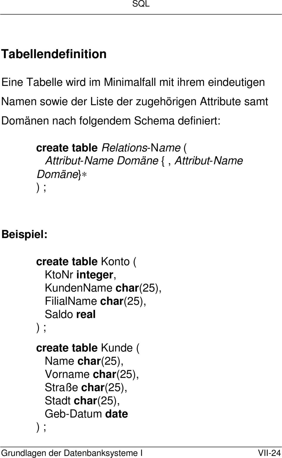 Attribut-Name Domäne} ) ; Beispiel: create table Konto ( KtoNr integer, KundenName char(25), FilialName char(25),