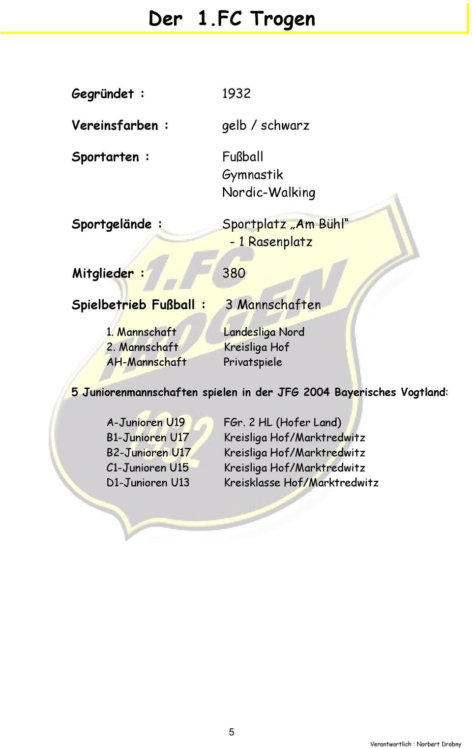 Rasenplatz Mitglieder : 380 Spielbetrieb Fußball : 3 Mannschaften 1. Mannschaft Landesliga Nord 2.
