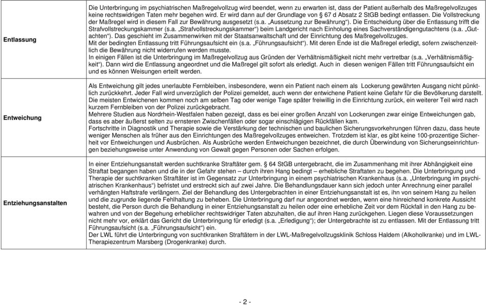 Die Entscheidung über die Entlassung trifft die Strafvollstreckungskammer (s.a. Strafvollstreckungskammer ) beim Landgericht nach Einholung eines Sachverständigengutachtens (s.a. Gutachten ).