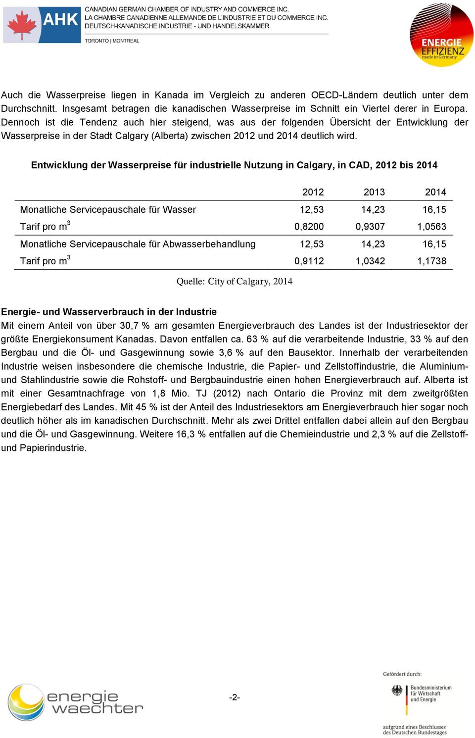 Entwicklung der Wasserpreise für industrielle Nutzung in Calgary, in CAD, 2012 bis 2014 2012 2013 2014 Monatliche Servicepauschale für Wasser 12,53 14,23 16,15 Tarif pro m 3 0,8200 0,9307 1,0563