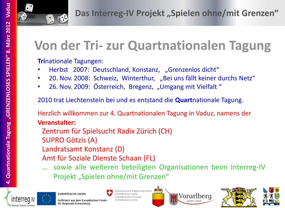 2009: Österreich, Bregenz, Umgang mit Vielfalt 2010 trat Liechtenstein bei und es entstand die Quartnationale Tagung. Herzlich willkommen zur 4.