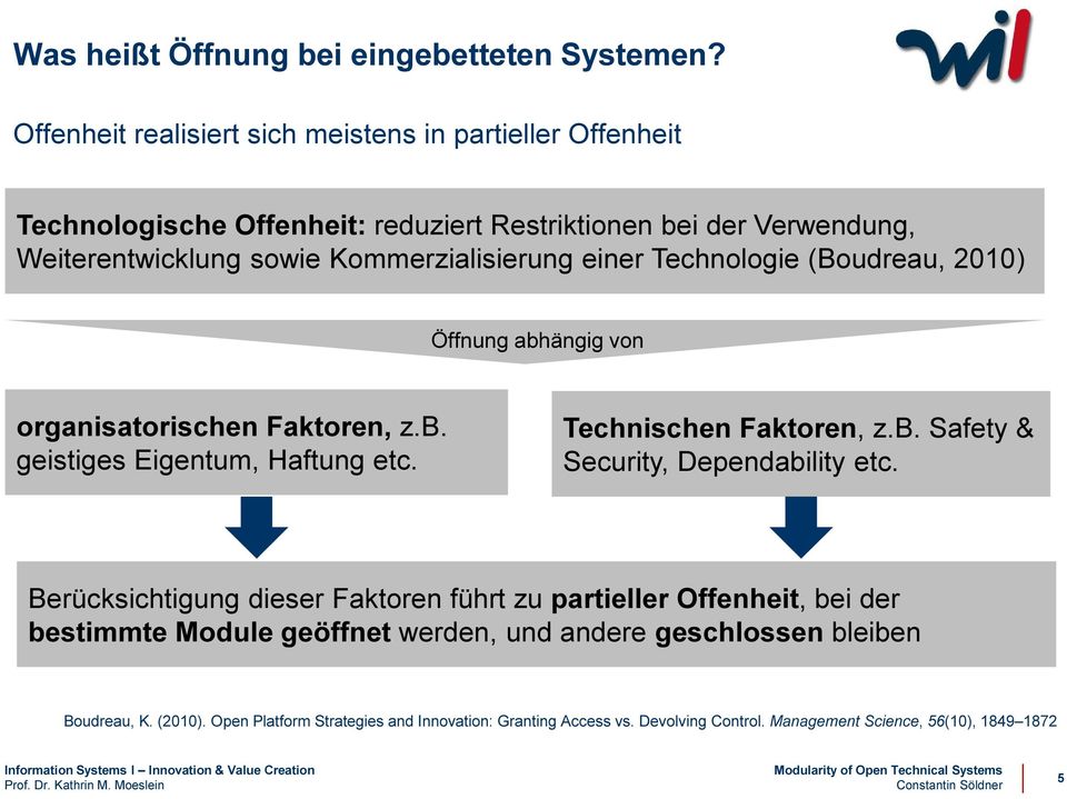 Kommerzialisierung einer Technologie (Boudreau, 2010) Öffnung abhängig von organisatorischen Faktoren, z.b. geistiges Eigentum, Haftung etc. Technischen Faktoren, z.b. Safety & Security, Dependability etc.