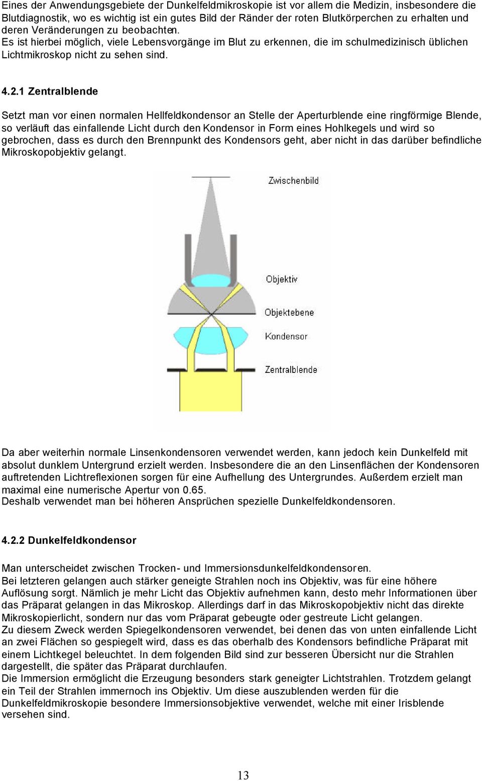 1 Zentralblende Setzt man vor einen normalen Hellfeldkondensor an Stelle der Aperturblende eine ringförmige Blende, so verläuft das einfallende Licht durch den Kondensor in Form eines Hohlkegels und