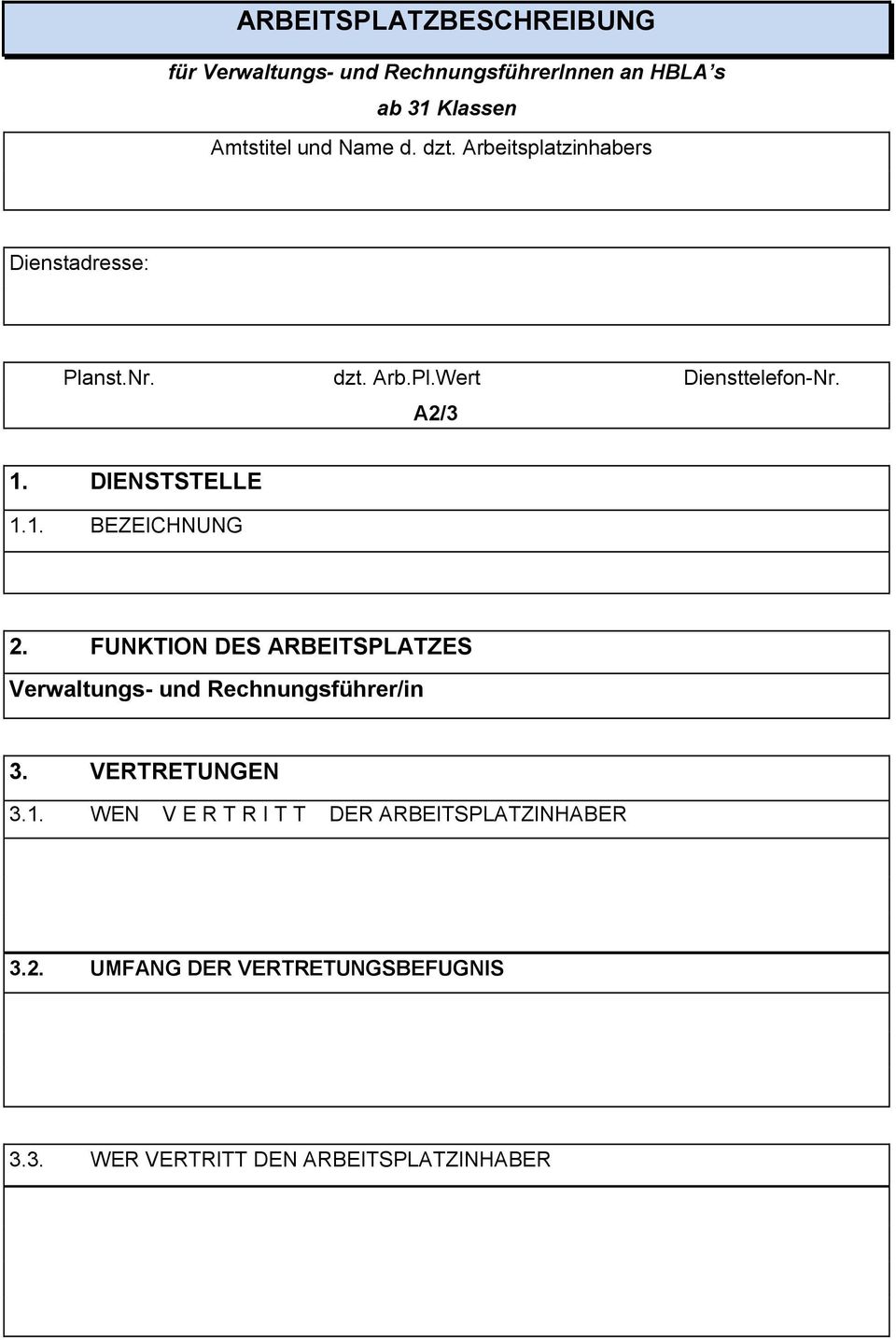 FUNKTION DES ARBEITSPLATZES Verwaltungs- und Rechnungsführer/in 3. VERTRETUNGEN 3.1.