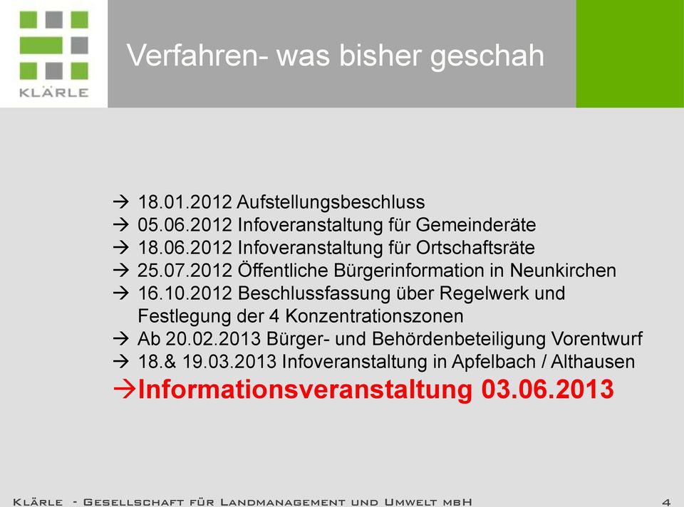 2012 Beschlussfassung über Regelwerk und Festlegung der 4 Konzentrationszonen Ab 20.02.