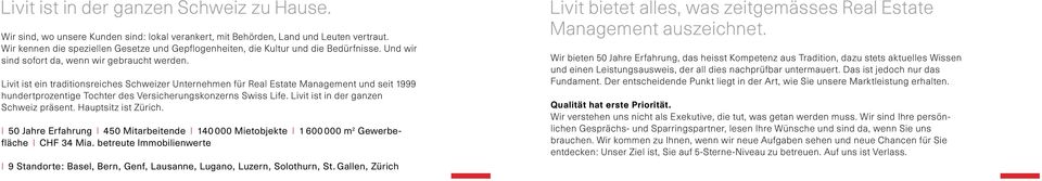 Livit ist ein traditionsreiches Schweizer Unternehmen für Real Estate Management und seit 1999 hundertprozentige Tochter des Versicherungskonzerns Swiss Life. Livit ist in der ganzen Schweiz präsent.