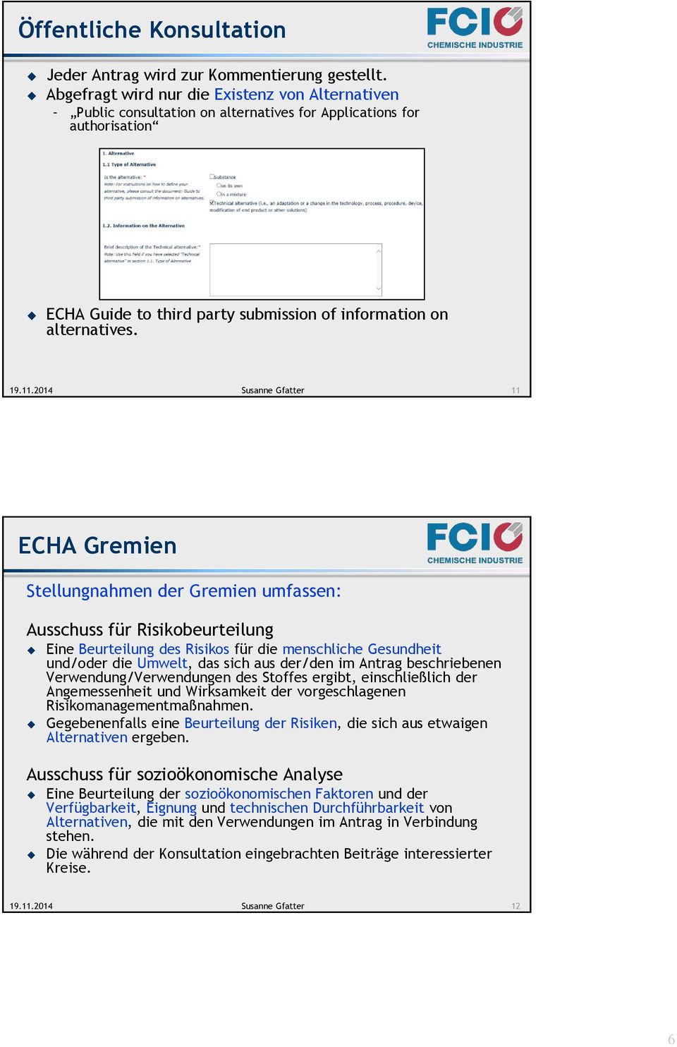 11 ECHA Gremien Stellungnahmen der Gremien umfassen: Ausschuss für Risikobeurteilung Eine Beurteilung des Risikos für die menschliche Gesundheit und/oder die Umwelt, das sich aus der/den im Antrag