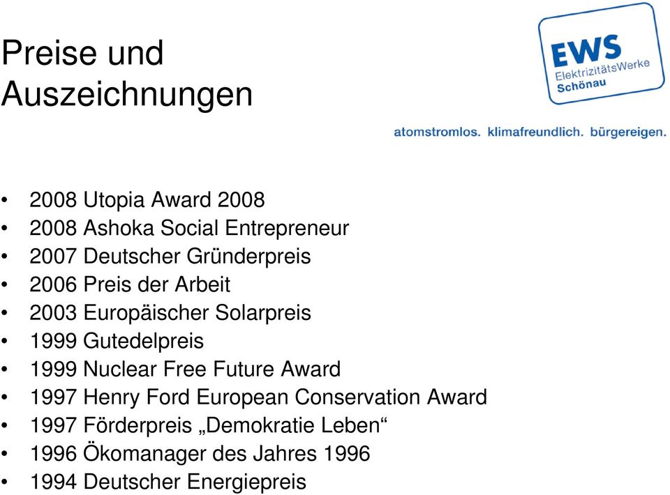 Gutedelpreis 1999 Nuclear Free Future Award 1997 Henry Ford European Conservation