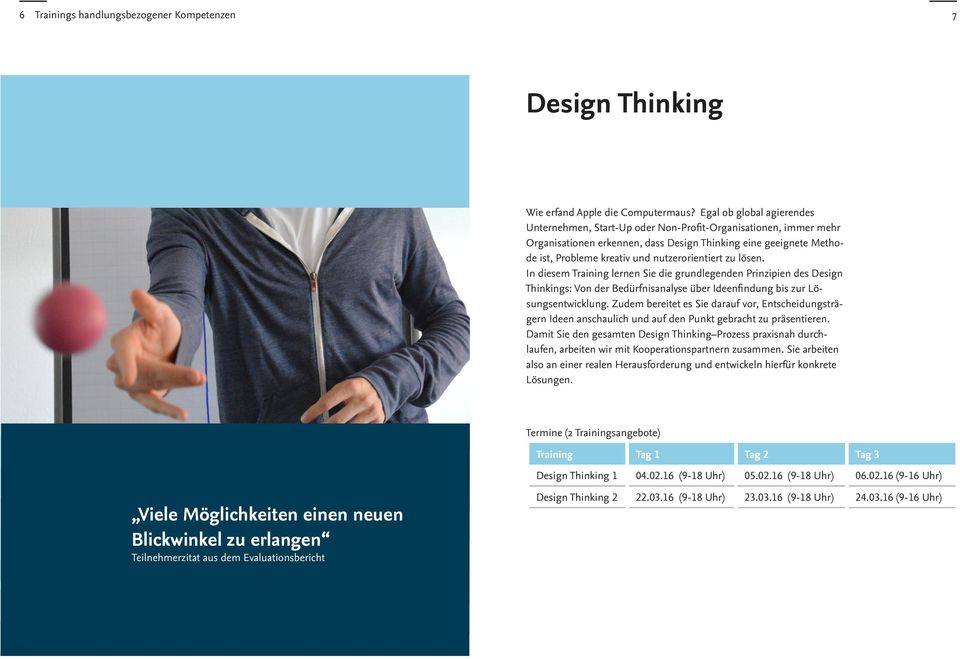 nutzerorientiert zu lösen. In diesem Training lernen Sie die grundlegenden Prinzipien des Design Thinkings: Von der Bedürfnisanalyse über Ideenfindung bis zur Lösungsentwicklung.