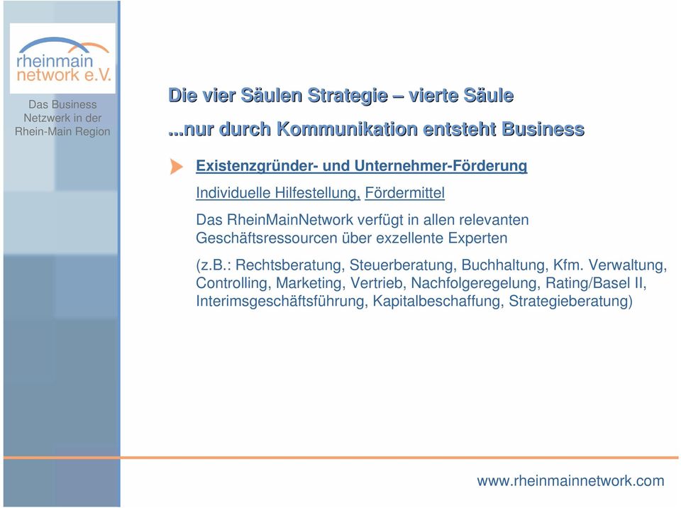 Fördermittel Das RheinMainNetwork verfügt in allen relevanten Geschäftsressourcen übe