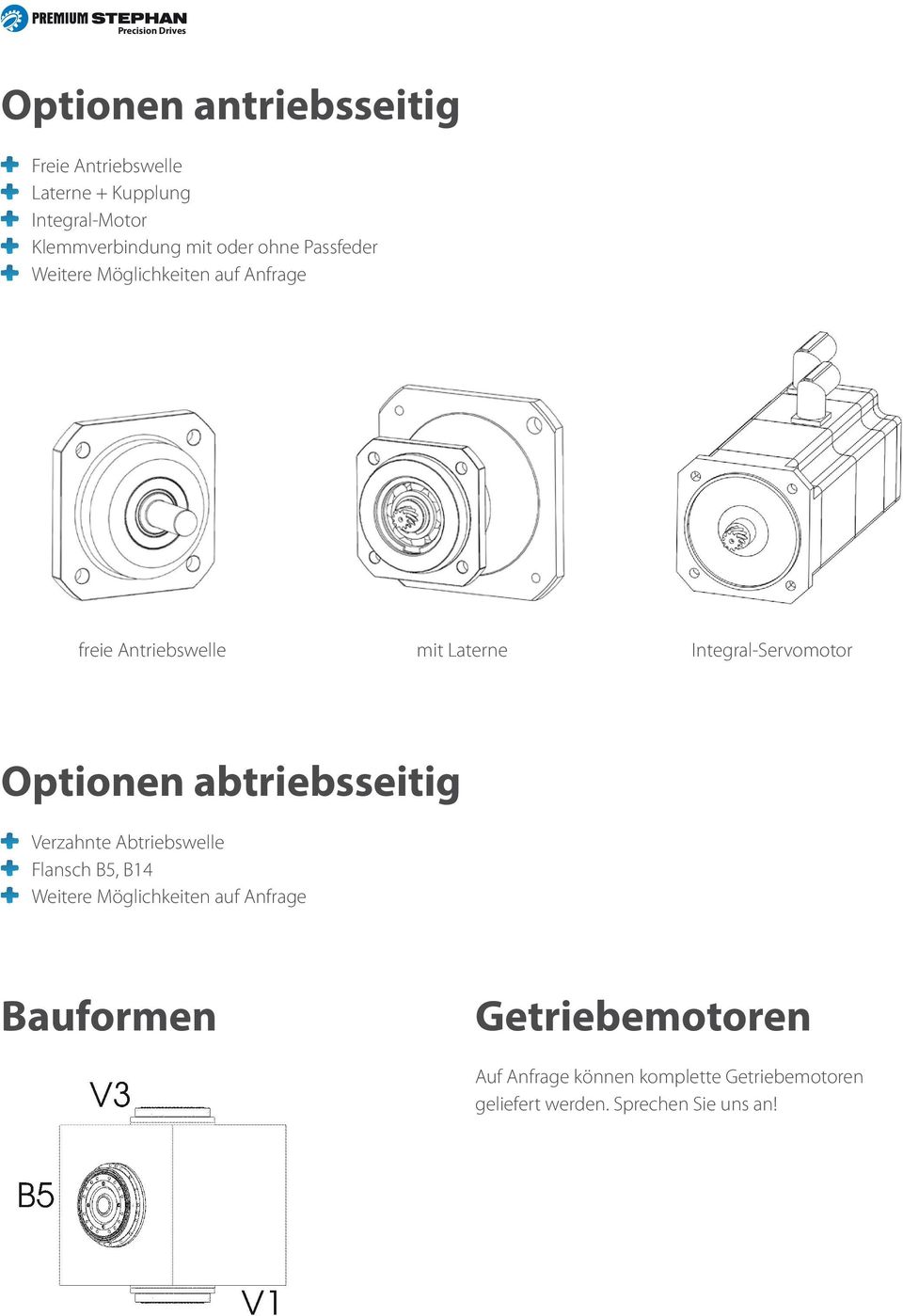 Optionen abtriebsseitig Verzahnte Abtriebswelle Flansch B5, B14 Weitere Möglichkeiten auf Anfrage