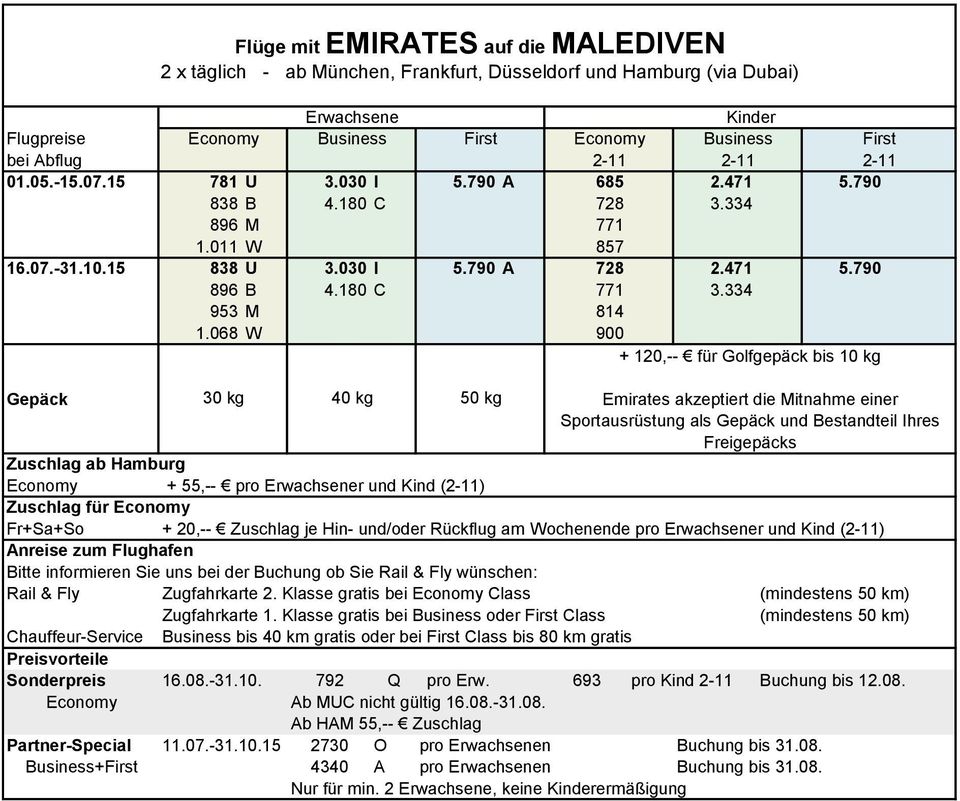 068 W 900 + 120,-- für Golfgepäck bis 10 kg 30 kg 40 kg 50 kg Emirates akzeptiert die Mitnahme einer Sportausrüstung als und Bestandteil Ihres Freigepäcks Zuschlag ab Hamburg + 55,-- pro r und Kind