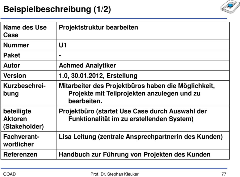 2012, Erstellung Mitarbeiter des Projektbüros haben die Möglichkeit, Projekte mit Teilprojekten anzulegen und zu bearbeiten.