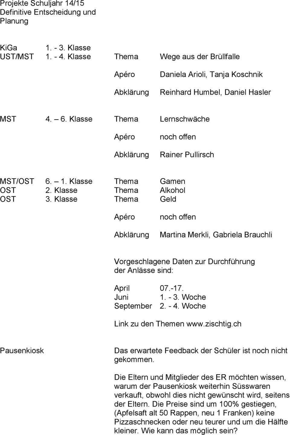 Klasse Thema Lernschwäche Apéro Abklärung noch offen Rainer Pullirsch MST/OST 6. 1. Klasse Thema Gamen OST 2. Klasse Thema Alkohol OST 3.