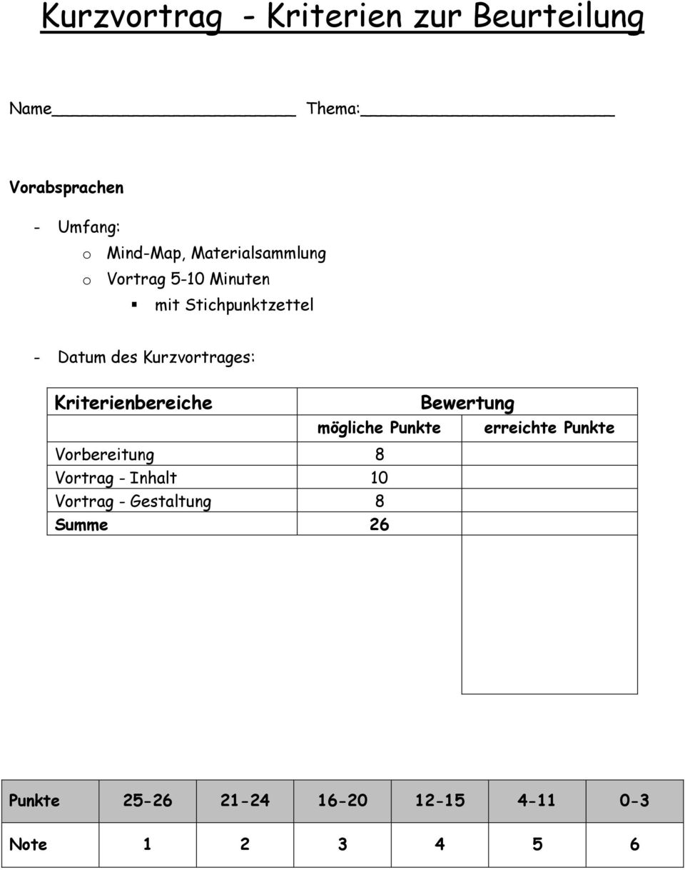 Kriterienbereiche mögliche Punkte Vorbereitung 8 Vortrag - Inhalt 10 Vortrag - Gestaltung