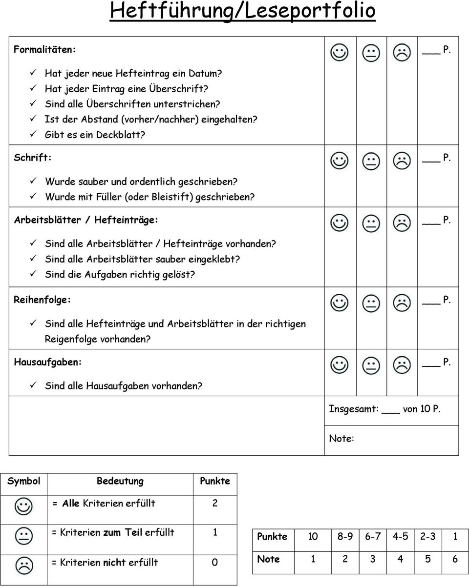 Arbeitsblätter / Hefteinträge: P. Sind alle Arbeitsblätter / Hefteinträge vorhanden? Sind alle Arbeitsblätter sauber eingeklebt? Sind die Aufgaben richtig gelöst? Reihenfolge: P.