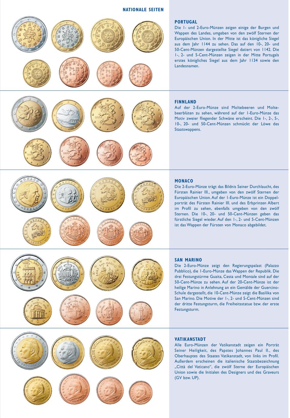 Die 1-, 2- und 5-Cent-Münzen zeigen in der Mitte Portugals erstes königliches Siegel aus dem Jahr 1134 sowie den Landesnamen.