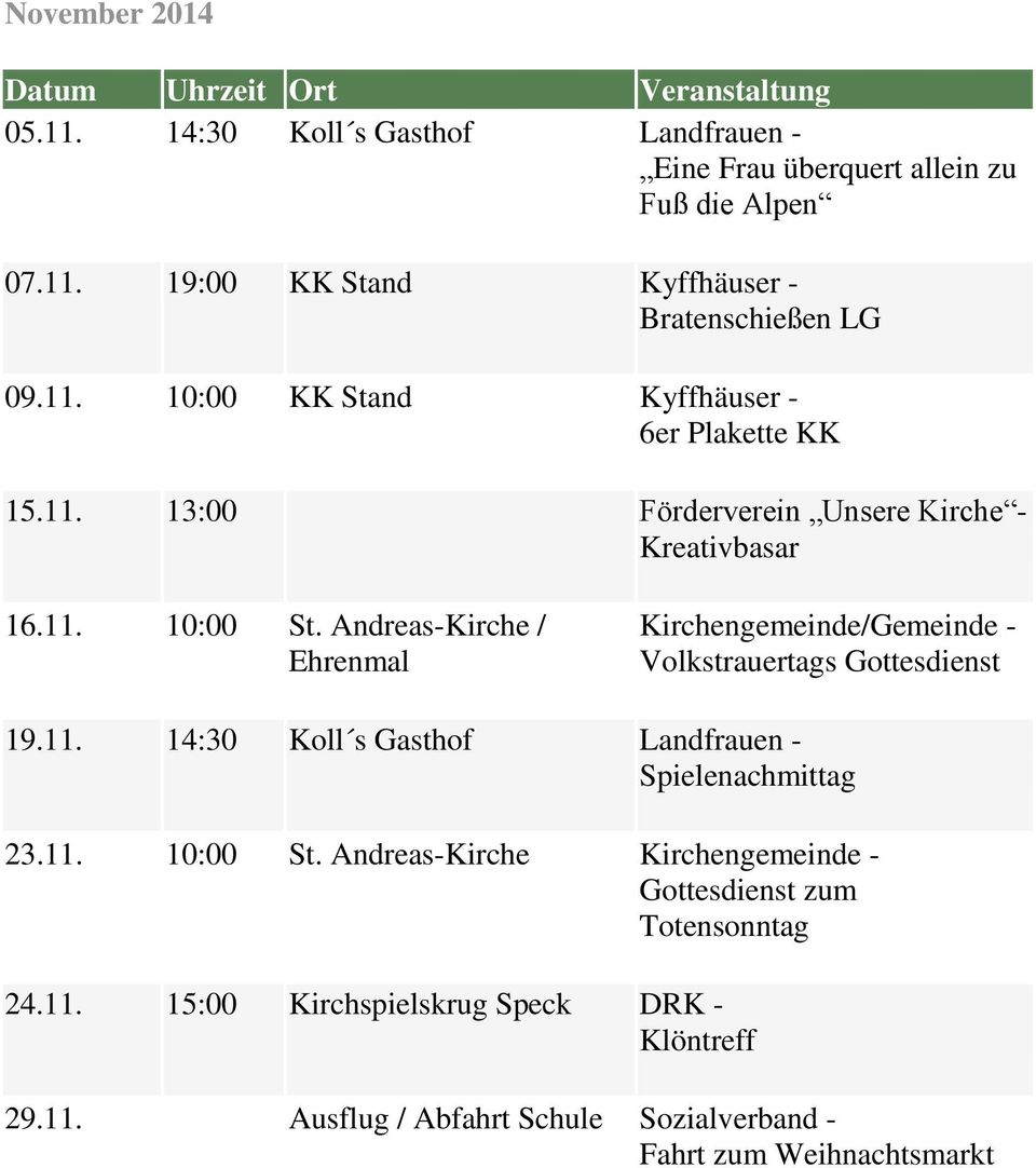 Andreas-Kirche / Ehrenmal Kirchengemeinde/Gemeinde - Volkstrauertags Gottesdienst 19.11. 14:30 Koll s Gasthof Landfrauen - Spielenachmittag 23.11. 10:00 St.