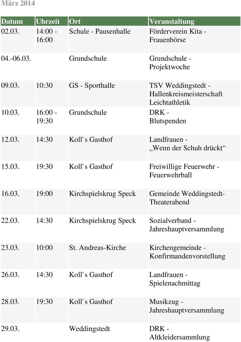 03. 14:30 Kirchspielskrug Speck Sozialverband - 23.03. 10:00 St. Andreas-Kirche Kirchengemeinde - Konfirmandenvorstellung 26.03. 14:30 Koll`s Gasthof Landfrauen - Spielenachmittag 28.