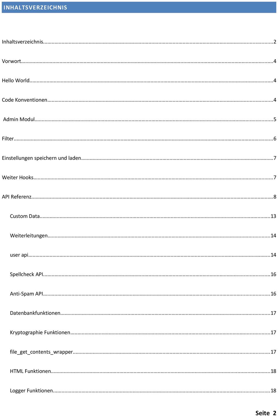 ..13 Weiterleitungen...14 user api...14 Spellcheck API...16 Anti-Spam API...16 Datenbankfunktionen.