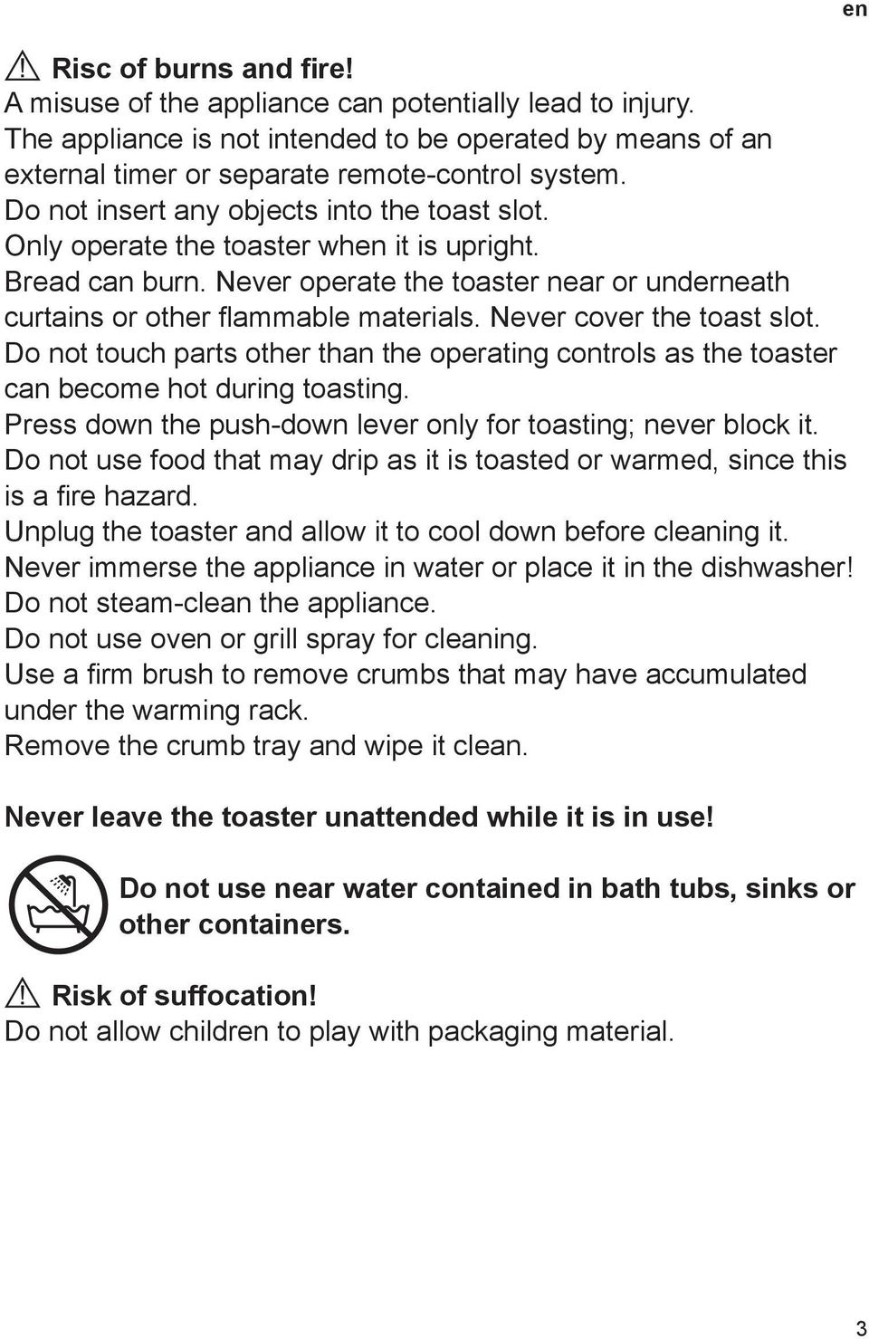 Never cover the toast slot. Do not touch parts other than the operating controls as the toaster can become hot during toasting. Press down the push-down lever only for toasting; never block it.