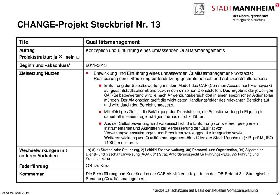 anderen Vorhaben Federführung Kommentar Entwicklung und Einführung eines umfassenden Qualitätsmanagement-Konzepts: Realisierung einer Steuerungsunterstützung gesamtstädtisch und auf