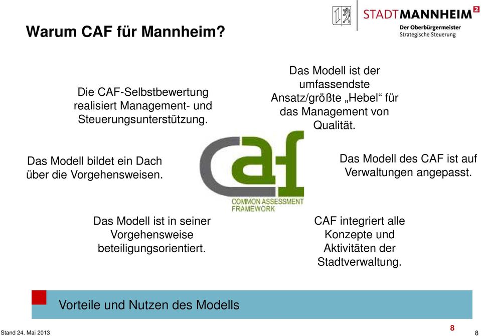 Das Modell bildet ein Dach über die Vorgehensweisen. Das Modell des CAF ist auf Verwaltungen angepasst.