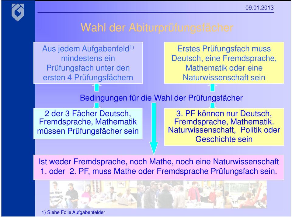 Fremdsprache, Mathematik müssen Prüfungsfächer sein 3. PF können nur Deutsch, Fremdsprache, Mathematik.