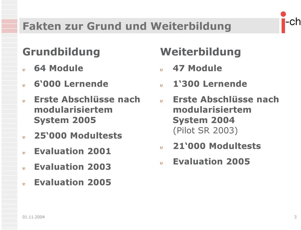 Modultests Evaluation 2001 Evaluation 2003 Erste Abschlüsse nach modularisiertem