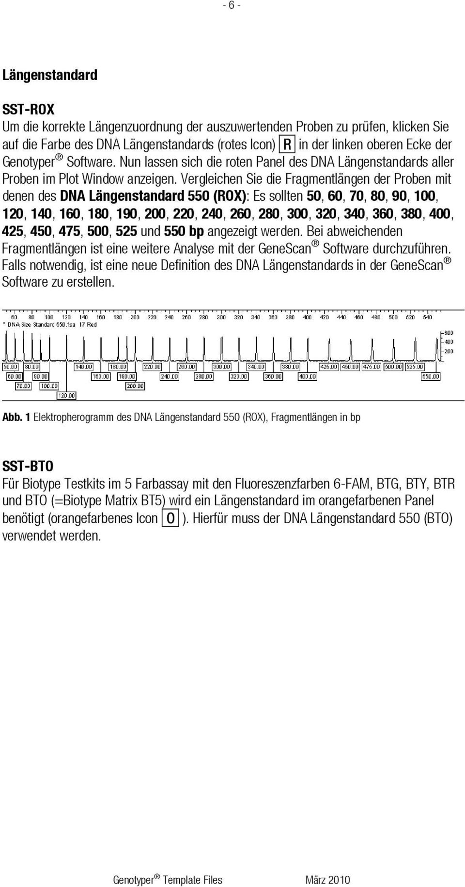 Vergleichen Sie die Fragmentlängen der Proben mit denen des DNA Längenstandard 550 (ROX): Es sollten 50, 60, 70, 80, 90, 100, 120, 140, 160, 180, 190, 200, 220, 240, 260, 280, 300, 320, 340, 360,