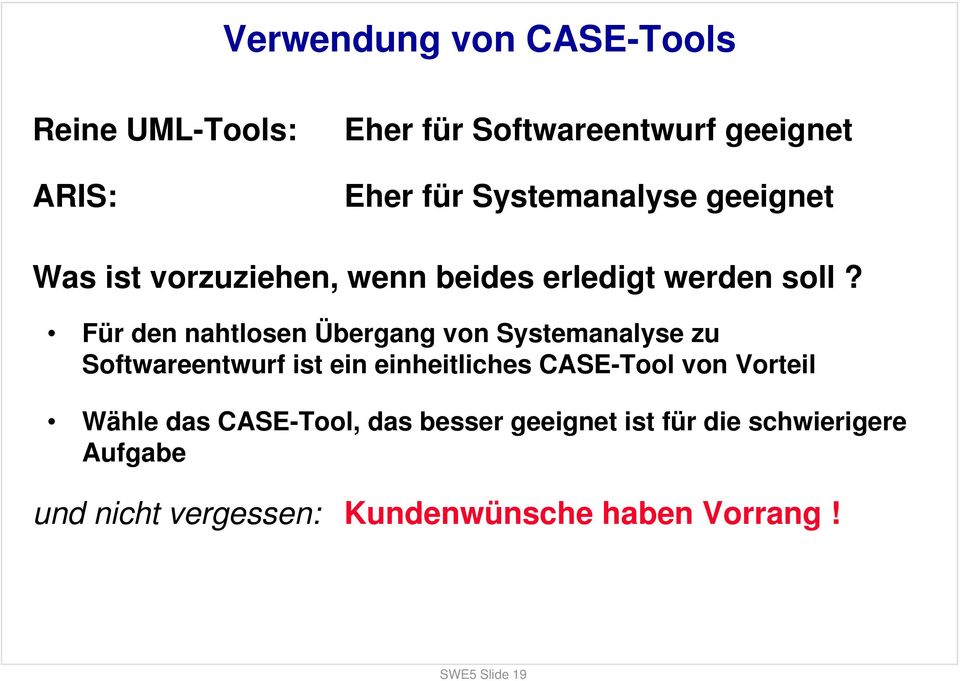 Für den nahtlosen Übergang von Systemanalyse zu Softwareentwurf ist ein einheitliches CASE-Tool von