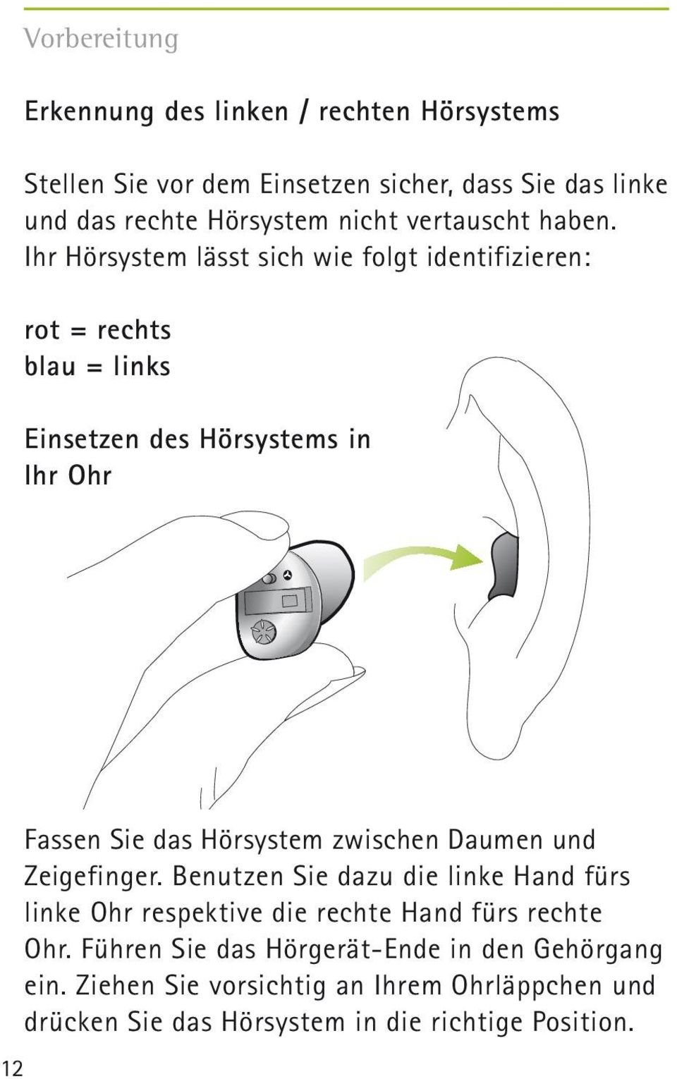 Ihr Hörsystem lässt sich wie folgt identifizieren: rot = rechts blau = links Einsetzen des Hörsystems in Ihr Ohr 12 Fassen Sie das Hörsystem