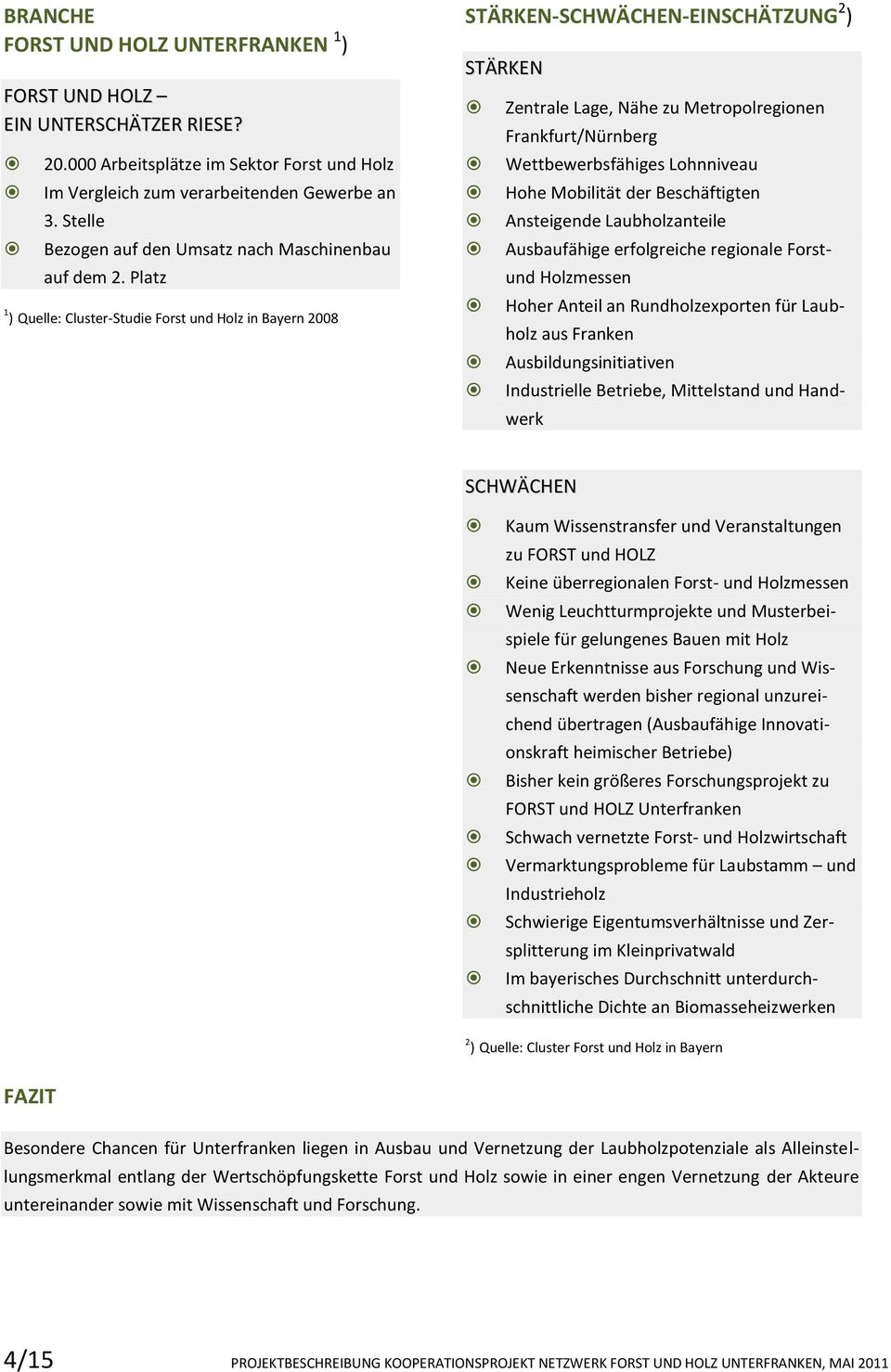 Platz 1 ) Quelle: Cluster-Studie Forst und Holz in Bayern 2008 STÄRKEN-SCHWÄCHEN-EINSCHÄTZUNG 2 ) STÄRKEN Zentrale Lage, Nähe zu Metropolregionen Frankfurt/Nürnberg Wettbewerbsfähiges Lohnniveau Hohe