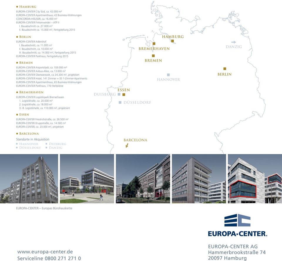 000 m², Fertigstellug 2015 EUROPA-CENTER Parkhaus, Fertigstellug 2015 Breme EUROPA-CENTER Airportstadt, ca. 103.000 m² EUROPA-CENTER Airbus-Allee, ca. 13.000 m² EUROPA-CENTER Überseestadt, ca. 24.