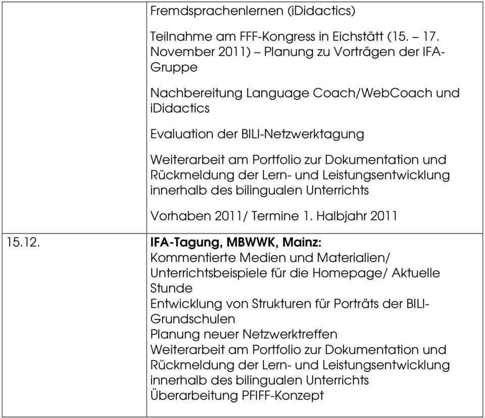 Rückmeldung der Lern- und Leistungsentwicklung innerhalb des bilingualen Unterrichts Vorhaben 2011/ Termine 1. Halbjahr 2011 15.12.