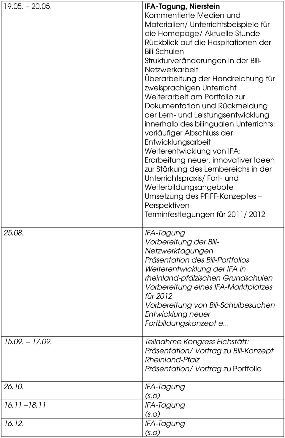 IFA-Tagung, Nierstein Kommentierte Medien und Materialien/ Unterrichtsbeispiele für die Homepage/ Aktuelle Stunde Rückblick auf die Hospitationen der Bili-Schulen Strukturveränderungen in der Bili-